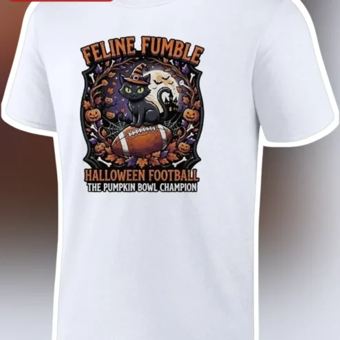 Feline Fumble Halloween Football Pumpkin Bowl Champion Graphic Tee for Cat Lovers