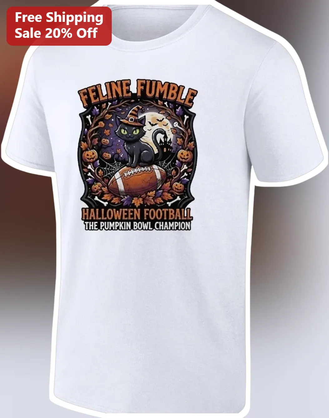 Feline Fumble Halloween Football Pumpkin Bowl Champion Graphic Tee for Cat Lovers