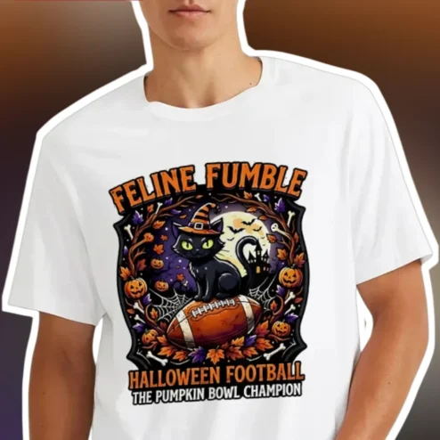 Feline Fumble Halloween Football Tee Pumpkin Bowl Champion Graphic Shirt for Cat Lovers
