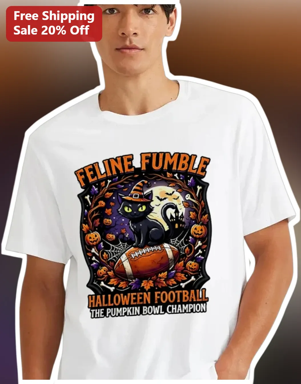Feline Fumble Halloween Football Tee Pumpkin Bowl Champion Graphic Shirt for Cat Lovers