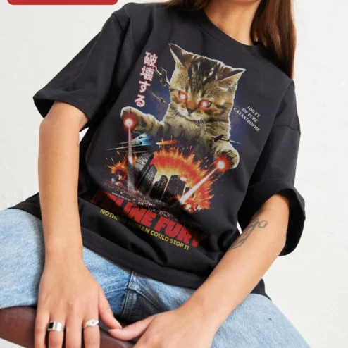 Feline Fury Nothing Human Could Stop It Cat Graphic Tee Retro Kaiju Monster Shirt