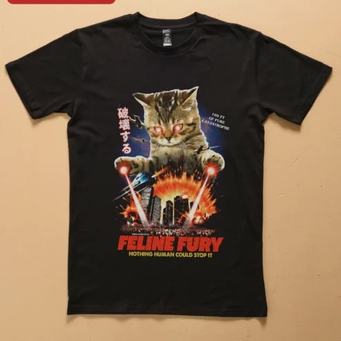 Feline Fury Nothing Human Could Stop It Cat Laser Eyes Graphic Tee on a hanger, ready to ship from Chicago, Illinois