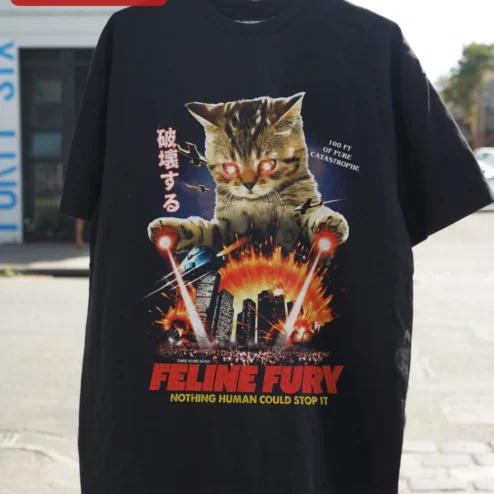 Close-up of Feline Fury Nothing Human Could Stop It Cat Laser Eyes Graphic Tee for streetwear fans in Chicago, Illinois
