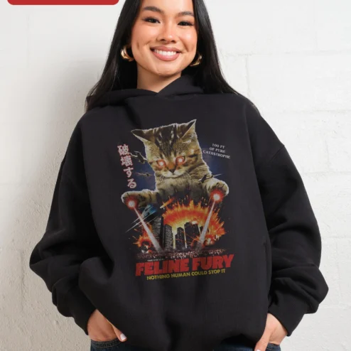 Feline Fury Nothing Human Could Stop It Hoodie Funny Giant Cat Kaiju Retro Sci-Fi Poster Graphic Pul on a hanger, ready to ship from Chicago, Illinois