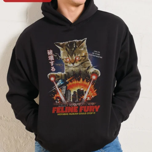 Feline Fury Nothing Human Could Stop It Hoodie Funny Giant Cat Kaiju Retro Sci-Fi Poster Graphic Pullover Gift for Cat Lovers