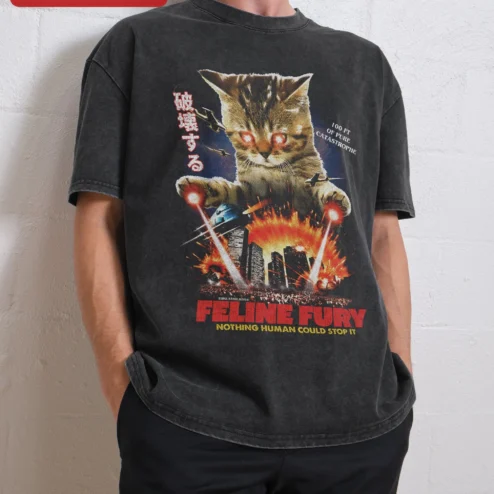 Feline Fury Nothing Human Could Stop It Retro Kaiju Cat Graphic Tee