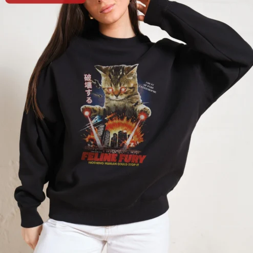 Feline Fury Nothing Human Could Stop It Sweatshirt Funny Giant Cat Kaiju Movie Poster Design Gift for Cat Lovers