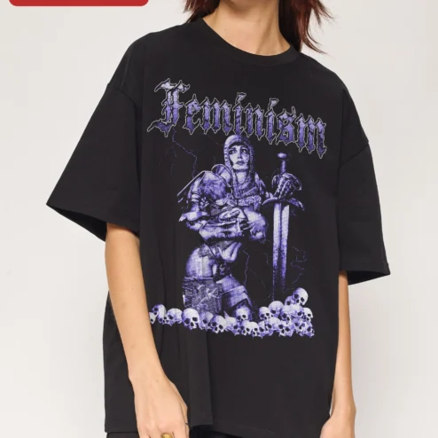 Feminism Joan of Arc Oversized Tee Dark Academia Punk Graphic T-Shirt for Women on a hanger, ready to ship from Chicago, Illinois