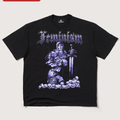 Customer in Chicago, Illinois wearing Feminism Joan of Arc Oversized Tee Dark Academia Punk Graphic T-Shirt for Women