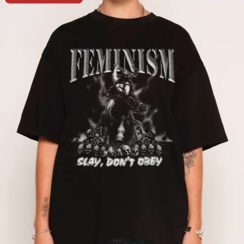 Feminism Slay Don't Obey Graphic Tee Women's Rights Punk Skull Horse Shirt on a hanger, ready to ship from Chicago, Illinois