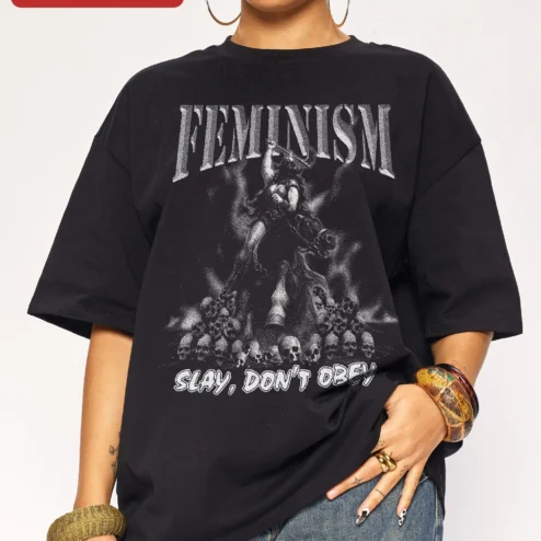 Feminism Slay Don't Obey Graphic Tee Women's Rights Punk Skull Horse Shirt