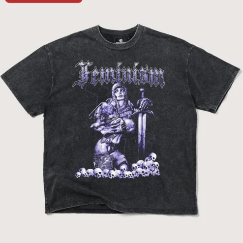 Feminism Warrior Acid Wash Tee Dark Feminine Heavy Metal Graphic T-Shirt for Women