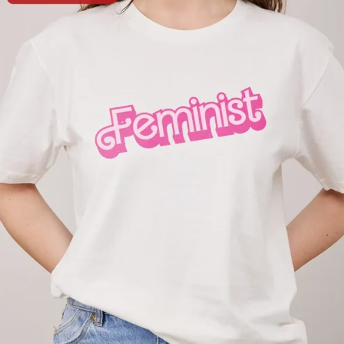 Close-up of Feminist Tee Retro Y2K Pink Typography Statement Shirt for Women for streetwear fans in Chicago, Illinois