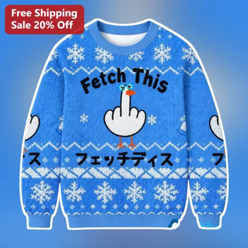 Fetch This Sweater Funny Goose Middle Finger Ugly Christmas Knit Holiday Gag Gift