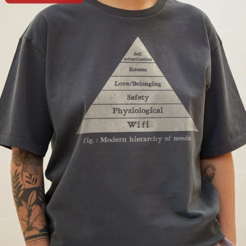 Fig.: Modern Hierarchy of Needs Tee Maslow Psychology Gift for Students Tech Humor Graphic Shirt on a hanger, ready to ship from Chicago, Illinois