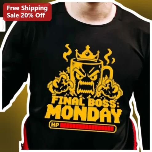 Final Boss Monday Pixel Art Coffee Mug Tee Retro Gaming Humor Gift for Gamers and Office Workers