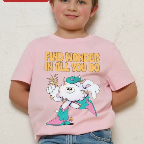Find Wonder In All You Do Kids Tee Retro Cartoon Cloud Superhero Positive Affirmation Shirt on a hanger, ready to ship from Chicago, Illinois