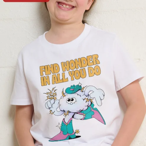 Customer in Chicago, Illinois wearing Find Wonder In All You Do Kids Tee Retro Cartoon Cloud Superhero Positive Affirmation Shirt