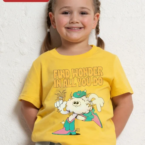 Close-up of Find Wonder In All You Do Kids Tee Retro Cartoon Cloud Superhero Positive Affirmation Shirt for streetwear fans in Chicago, Illinois