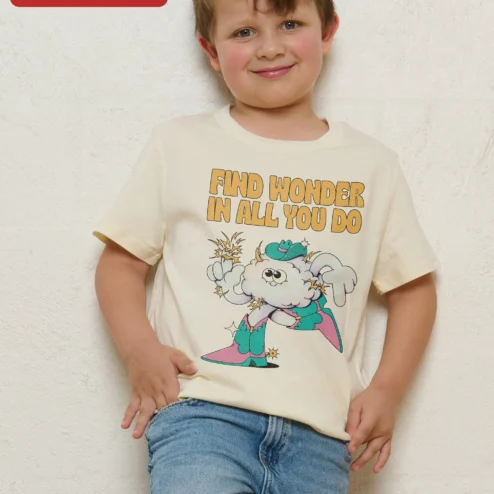 Find Wonder In All You Do Kids Tee Retro Cartoon Cloud Superhero Positive Affirmation Shirt