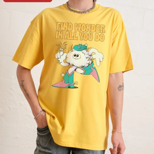Close-up of Find Wonder In All You Do Whimsical Cowboy Cloud Graphic Tee for streetwear fans in Chicago, Illinois