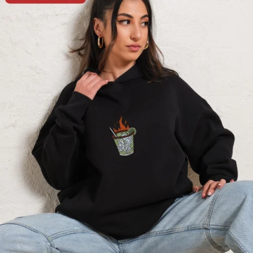Flaming Cocktail Graphic Hoodie for Men Spicy Marg Art Pullover on a hanger, ready to ship from Chicago, Illinois