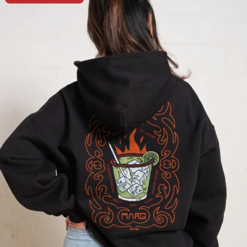 Customer in Chicago, Illinois wearing Flaming Cocktail Graphic Hoodie for Men Spicy Marg Art Pullover