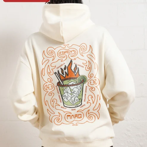 Close-up of Flaming Cocktail Graphic Hoodie for Men Spicy Marg Art Pullover for streetwear fans in Chicago, Illinois