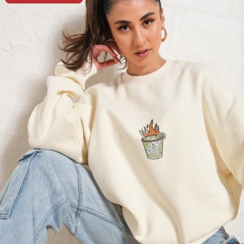 Flaming Cocktail Spicy Marg Sweatshirt Oversized Cream Pullover with Small Left Chest Graphic for Women Bartenders
