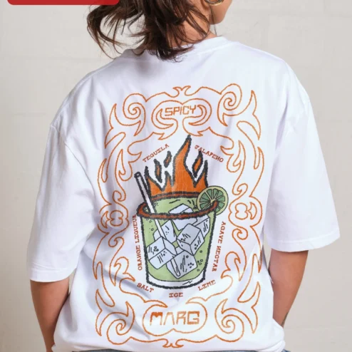 Close-up of Flaming Tropical Cocktail Illustration Tee Retro Tiki Drink Graphic Shirt for Summer Party for streetwear fans in Chicago, Illinois