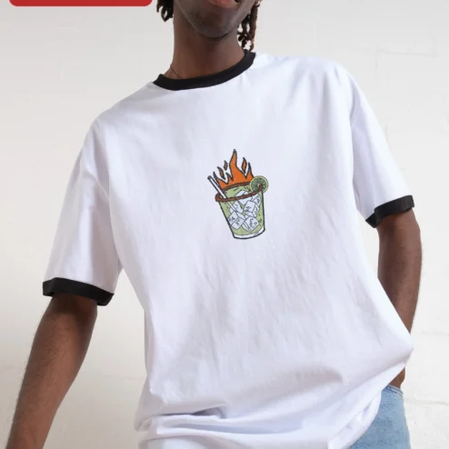 Flaming Tropical Cocktail Illustration Tee Retro Tiki Drink Graphic Shirt for Summer Party on a hanger, ready to ship from Chicago, Illinois