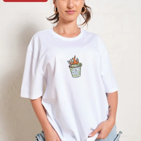 Customer in Chicago, Illinois wearing Flaming Tropical Cocktail Illustration Tee Retro Tiki Drink Graphic Shirt for Summer Party