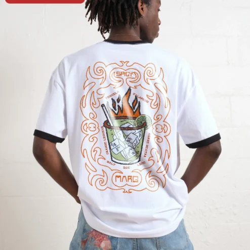 Close-up of Flaming Tropical Cocktail Illustration Tee Retro Tiki Drink Graphic Shirt for Summer Party for streetwear fans in Chicago, Illinois