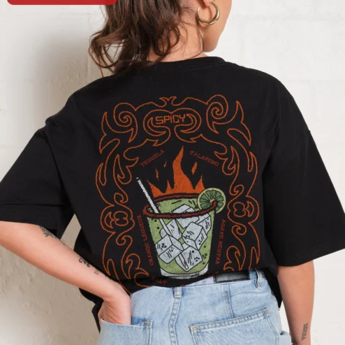 Customer in Chicago, Illinois wearing Flaming Tropical Cocktail Illustration Tee Retro Tiki Drink Graphic Shirt for Summer Party