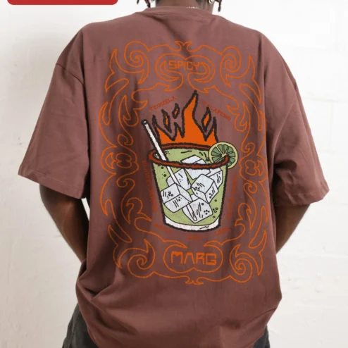 Close-up of Flaming Tropical Cocktail Illustration Tee Retro Tiki Drink Graphic Shirt for Summer Party for streetwear fans in Chicago, Illinois