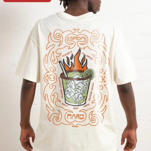 Customer in Chicago, Illinois wearing Flaming Tropical Cocktail Illustration Tee Retro Tiki Drink Graphic Shirt for Summer Party