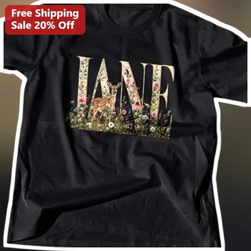 Floral Deer Name Tee Personalized Vintage Botanical Shirt for Women Custom Gift