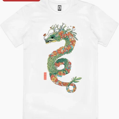 Floral Dragon Illustration Tee Green Mythical Creature Botanical Art Shirt for Fantasy Lovers on a hanger, ready to ship from Chicago, Illinois