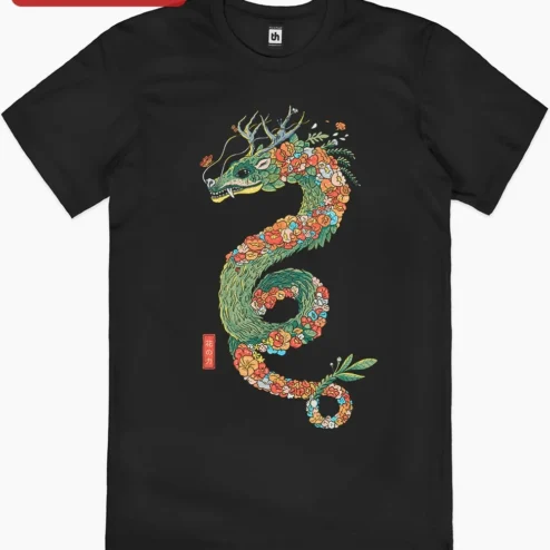 Floral Dragon Illustration Tee Green Mythical Creature Botanical Art Shirt for Fantasy Lovers