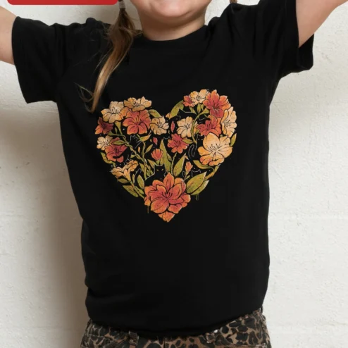 Floral Heart Cat Silhouette Tee Vintage Botanical Kids Shirt Cute Animal Lover Gift on a hanger, ready to ship from Chicago, Illinois