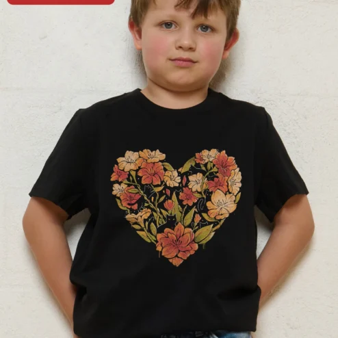 Floral Heart Cat Silhouette Tee Vintage Botanical Kids Shirt Cute Animal Lover Gift
