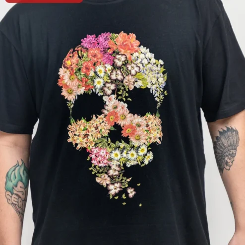 Floral Skull Silhouette Tee Vintage Botanical Skeleton Graphic Shirt for Women Men