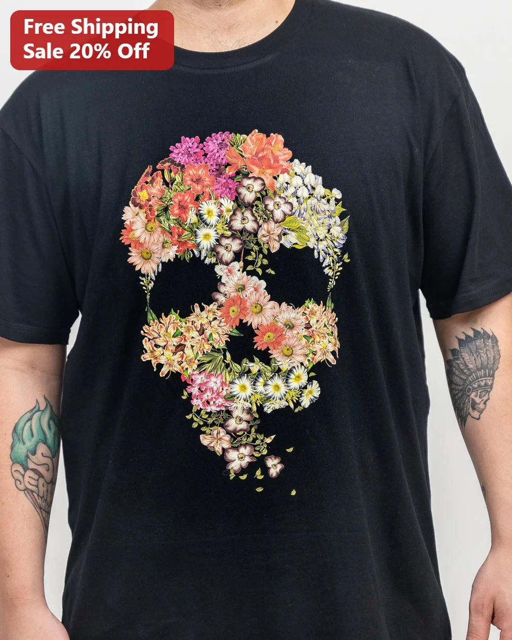 Floral Skull Silhouette Tee Vintage Botanical Skeleton Graphic Shirt for Women Men