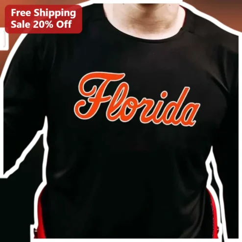Florida Long Sleeve Shirt Orange Script Varsity Style Black Athletic Top for Men Women