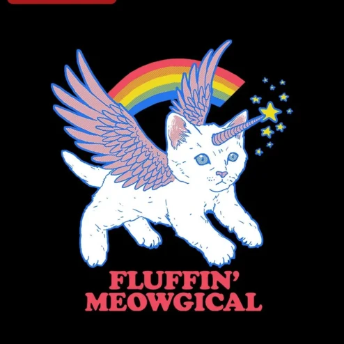 Fluffin' Meowgical Unicorn Cat Graphic Tee for Women Men Funny Fantasy Kitten Shirt on a hanger, ready to ship from Chicago, Illinois