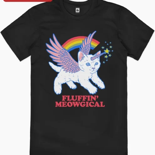 Customer in Chicago, Illinois wearing Fluffin' Meowgical Unicorn Cat Graphic Tee for Women Men Funny Fantasy Kitten Shirt