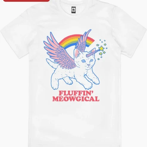 Close-up of Fluffin' Meowgical Unicorn Cat Graphic Tee for Women Men Funny Fantasy Kitten Shirt for streetwear fans in Chicago, Illinois