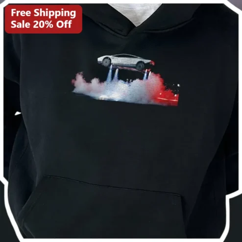 Flying Car Rocket Thruster Hoodie Futuristic Sci-Fi Streetwear for Car Enthusiasts