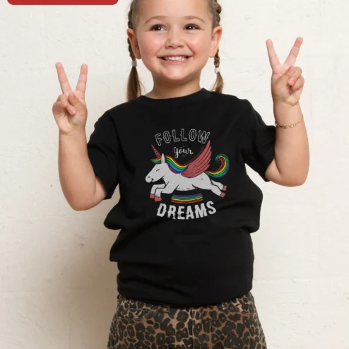 Follow Your Dreams Unicorn Graphic Tee for Girls Kids Inspirational Fantasy Shirt on a hanger, ready to ship from Chicago, Illinois