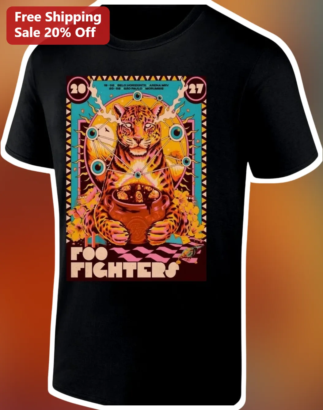 Foo Fighters 2027 Tour Psychedelic Jaguar Graphic Tee Rock Band Merch Gift